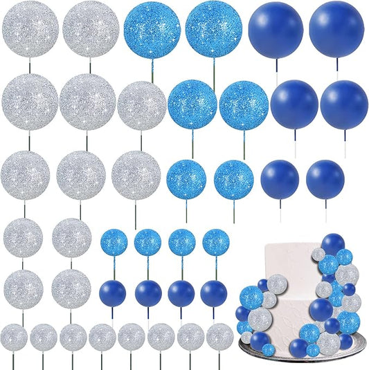 BEISHIDA 40 Pcs Ball Cake Toppers Mini Balls Cake Decorations Blue Silver Foam Balls Sticks DIY Cake Topper for Baking Congrats Grade 2025 Graduation Birthday Winter Party Decorations (Blue Silver)