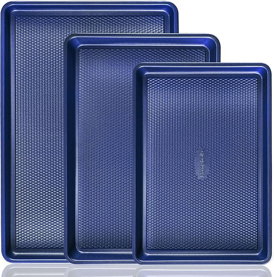 HONGBAKE Baking Sheet Pan Set, Cookie Sheets for Oven, Nonstick Half/Quarter/Jelly Roll Pans with Diamond Texture Pattern, Heavy Duty Cookie Tray, Dark Blue