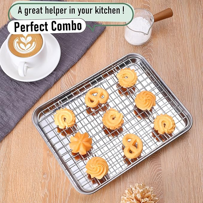 Homikit Cookie Sheet with Rack, 10 x 8 Inch Stainless Steel Small Baking Sheet with Wire Rack Set for Baking Roasting Cooling, Small Toaster Oven Pan Bacon Tray, Non-Toxic & Dishwasher Safe