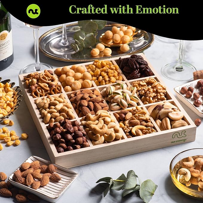 NUT CRAVINGS Gourmet Collection - Congratulations, Nuts Gift Basket with Congrats Ribbon + Greeting Card in Reusable Wooden Tray (12 Assortments) Graduation Food Arrangement, Healthy Snack, Food Assortments