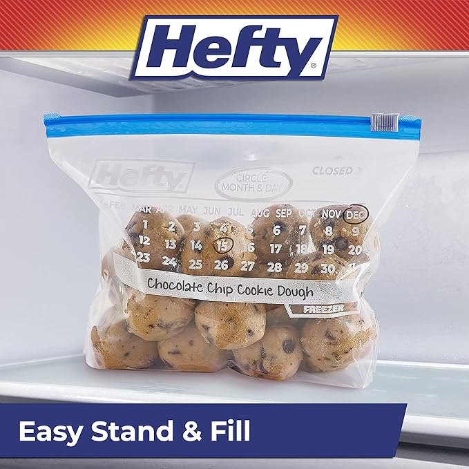 Hefty Calendar Slider Quart Freezer Bags, 1 Quart Slider Bags with Stand and Fill Expandable Bottoms, Helps Prevent Freezer Burn, 35 Count (Pack of 4)
