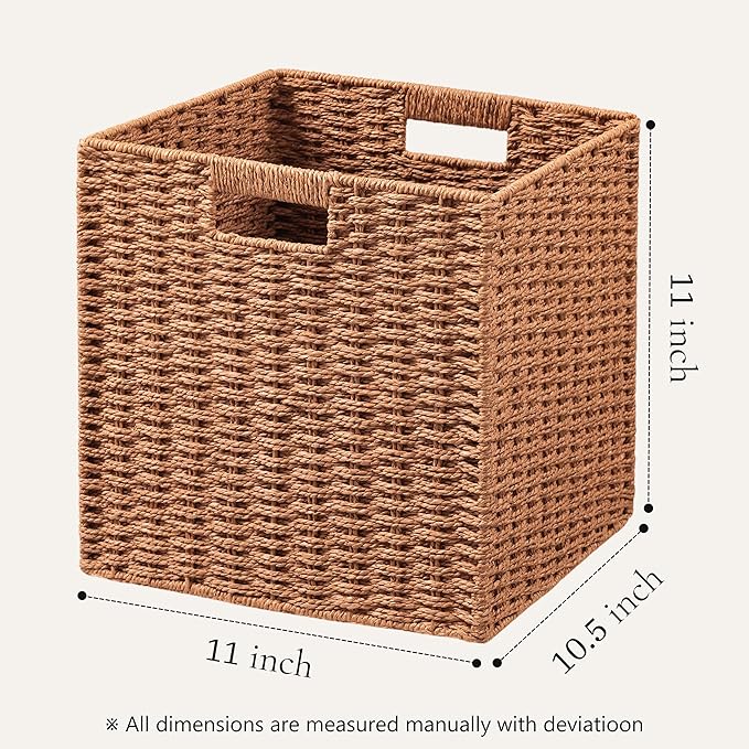 UBBCARE 3 Pack Wicker Basket, 11L×11H×10.5W inch Woven Paper Rope Storage Baskets for shelves, Foldable Cube Storage bin with Handle, Storage Basket for Organizing & Decor,Caramel