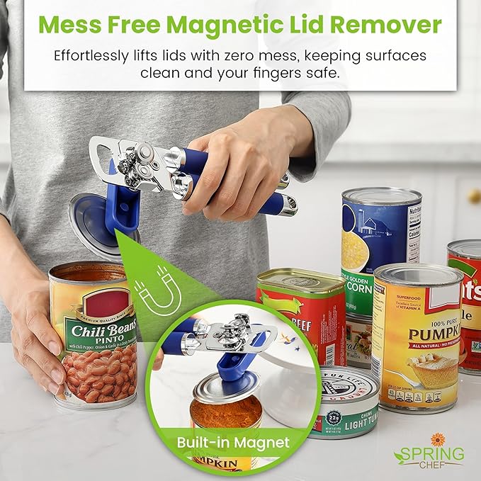 Spring Chef Stainless Steel Can Opener - Manual with Soft Grip Handles, Easy Turn, Heavy Duty Hand Can Openers for Seniors with Smooth Edge - Magnetic Lid Remover - Sapphire