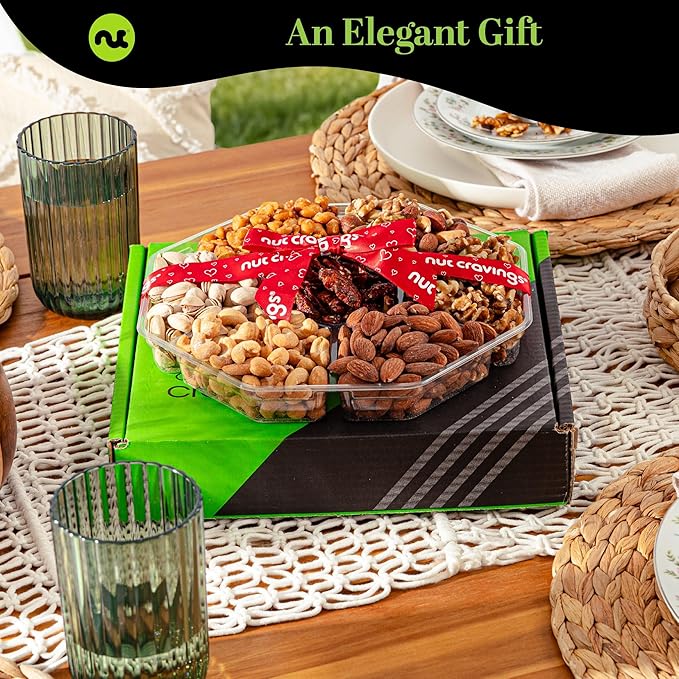 NUT CRAVINGS - Mixed Nuts Gift Basket + Heart Ribbon (7 Assortments) Food Arrangement, Healthy Snack Care Package, Food Assortments