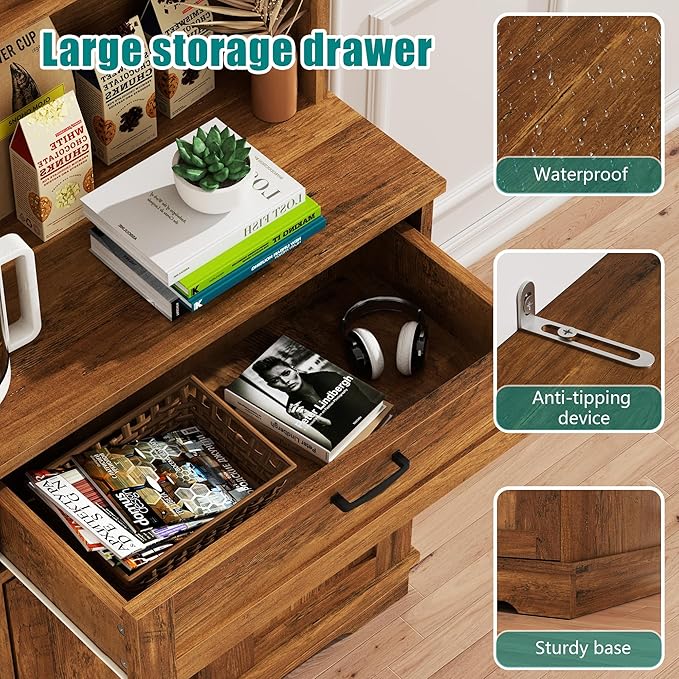 Vongrasig Tall Kitchen Pantry, Food Storage Pantry Cabinet with Hutch and Microwave Stand, Modern Coffee Bar Hutch with Adjustable Shelves for Kitchen, Dining Room, Brown