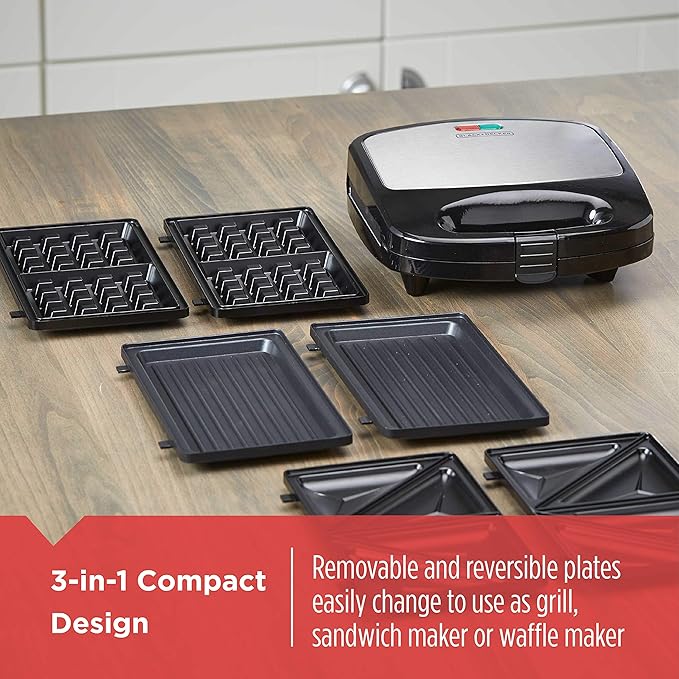 BLACK+DECKER 3-in-1 Waffle Iron, WM2000SD, Grill and Sandwich Press, Non-Stick Removable Plates, Space Saving Compact Design