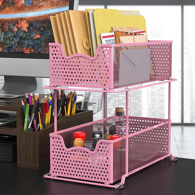 Simple Houseware 2 Tier Sliding Cabinet Basket Organizer Drawer, Pink
