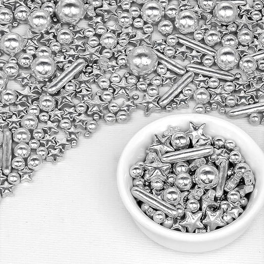 Silver Pearl Rods Star Sugar Sprinkles, Silver Sprinkles for Cake, Edible Pearls Baking Candy, 150g/5.29oz Mix Size, Cupcake Decoration, Wedding Party Supplies