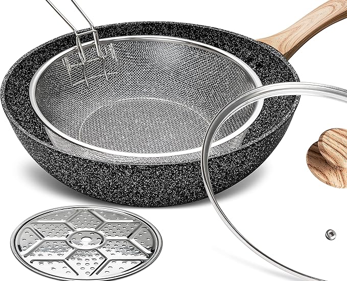 MICHELANGELO 12 Inch Wok Set - Woks & Stir-Fry Pans Nonstick Wok Pan with Lid, Induction Wok with Ergonomic Handle, Stainless Steel Steamer, Fryer Basket, Black