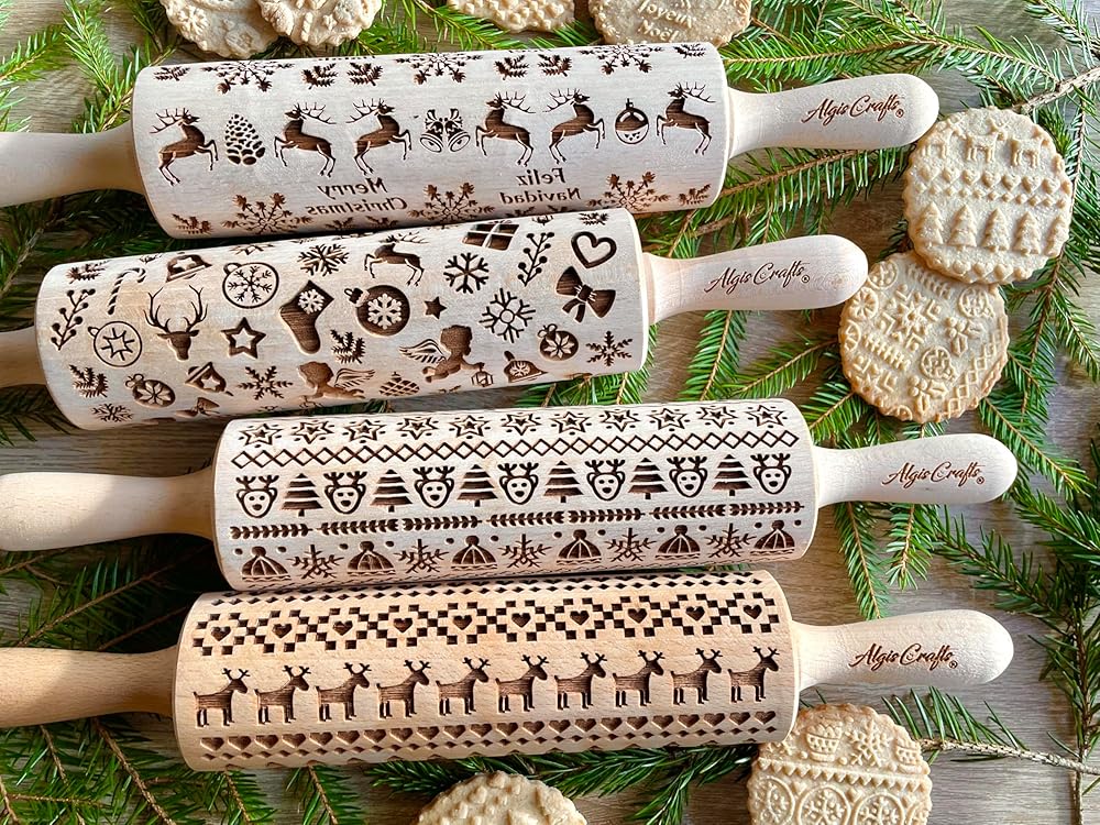 CHRISTMAS GIFTS EMBOSSING ROLLING PIN laser engraved with Christmas symbols CHRISTMAS GINGERBREAD COOKIES
