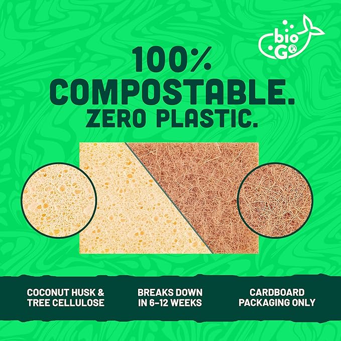 bioGo 12 Pack Biodegradable Kitchen Sponges - Eco-Friendly, Compostable, Natural Cellulose Dish - Compostable - Biodegradable - Cellulose Sponge