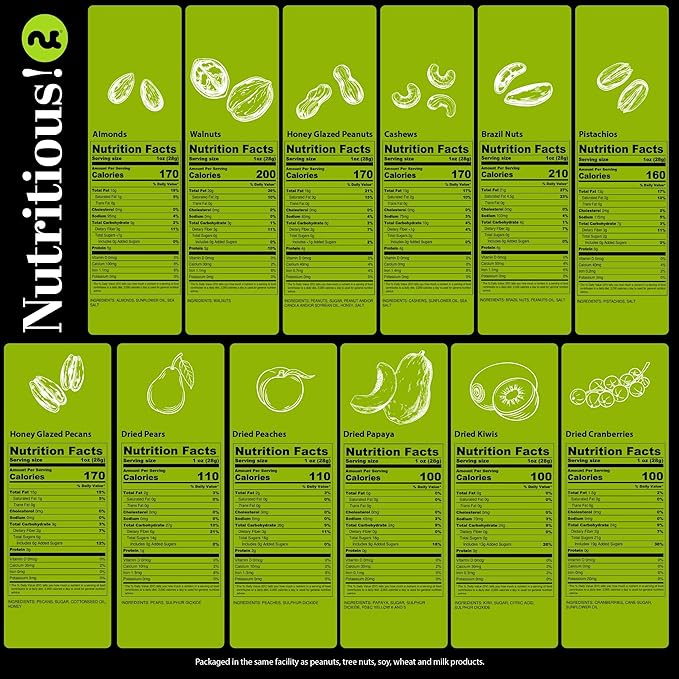 NUT CRAVINGS - Dried Fruit & Mixed Nuts Gift Basket Green Tower + Ribbon (12 Assortments) Food Arrangement, Healthy Snack Care Package, Food Assortments