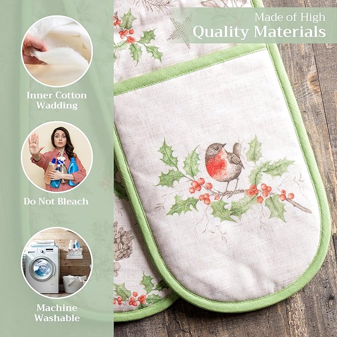 Maison d' Hermine Double Oven Mitts 100% Cotton 7"x35" Double Oven Mitt Heat Resistant BBQ Cooking Gloves with Loop, Baking, Grilling, Home, Kitchen, Handling Hot Pans (Christmas Dew)