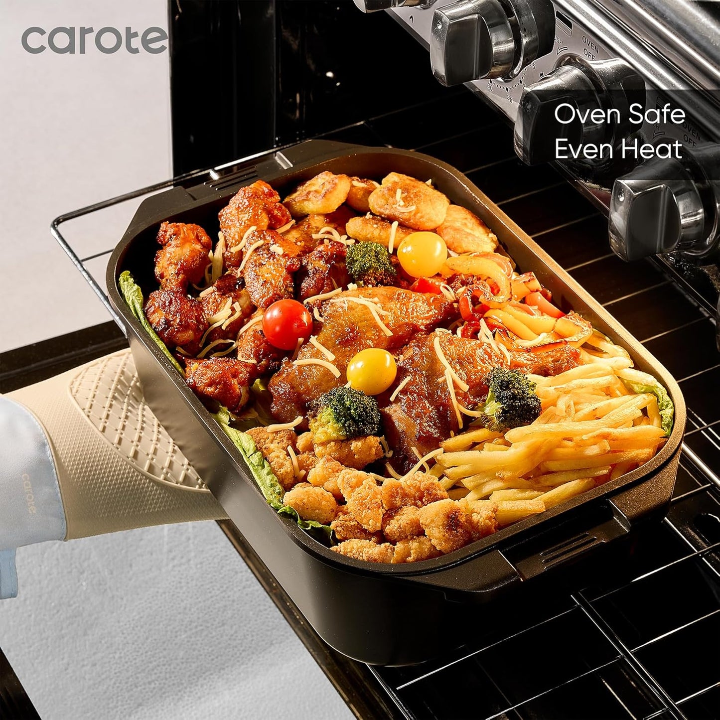 CAROTE 15.9 Inch Roasting Pan with Lid, Rectangular Nonstick Roaster Pan for Ovens, Large Pot Roast Roasting Pan with Lid, Induction & Gas Stove Compatible, PFOA Free