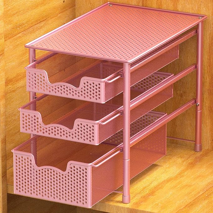 Simple Houseware Stackable 3 Tier Sliding Basket Organizer Drawer, Pink