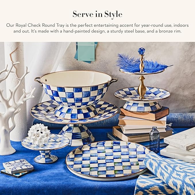 MACKENZIE-CHILDS Enamel Round Tray, Unique Serving Platter for Food and Drinks, Blue-and-White Royal Check