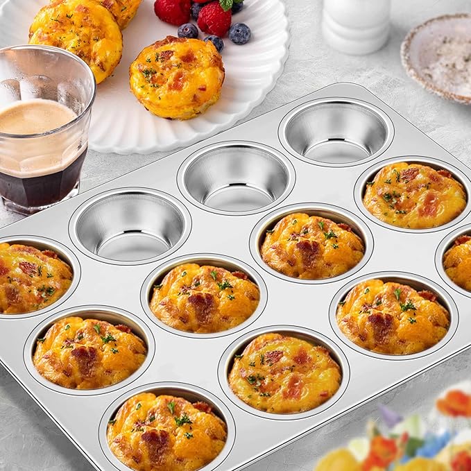 Homikit 2 Pack Muffin Pan, Stainless Steel Cupcake Tin with 12 Cups Regular Size, 13.8" x 10.4" Nonstick Metal Egg Bites Tray for Oven Baking, Non Toxic & Rust Free, Easy Release & Dishwasher Safe