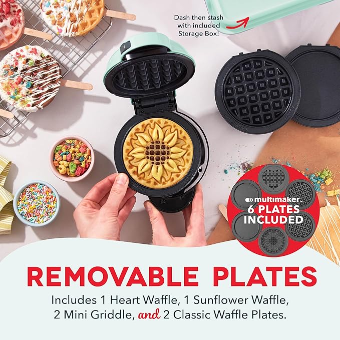 DASH Multimaker Mini System - Waffle Maker with Six 4” Removable Plates & Storage Case: Waffle Iron & Griddle, 4-in-1 Mini Waffle Maker for Kids and Families – Nonstick Surface, Just Add Batter (Aqua)