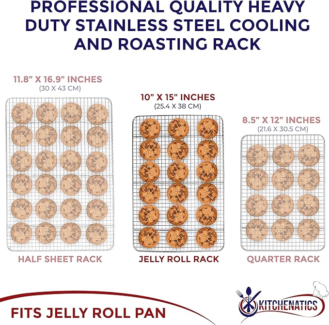 KITCHENATICS Jelly Roll Cooling Racks for Cooking and Baking, Heavy Duty Cooking Racks for Sheet Pan, Stainless Steel Wire Rack for Cooking, Cookie Cooling Rack Fits Jelly Roll Pan 15x10, Set of 2