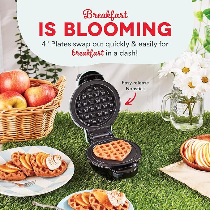 DASH Multimaker Mini System - Waffle Maker with Six 4” Removable Plates & Storage Case: Waffle Iron & Griddle, 4-in-1 Mini Waffle Maker for Kids and Families – Nonstick Surface, Just Add Batter (Aqua)