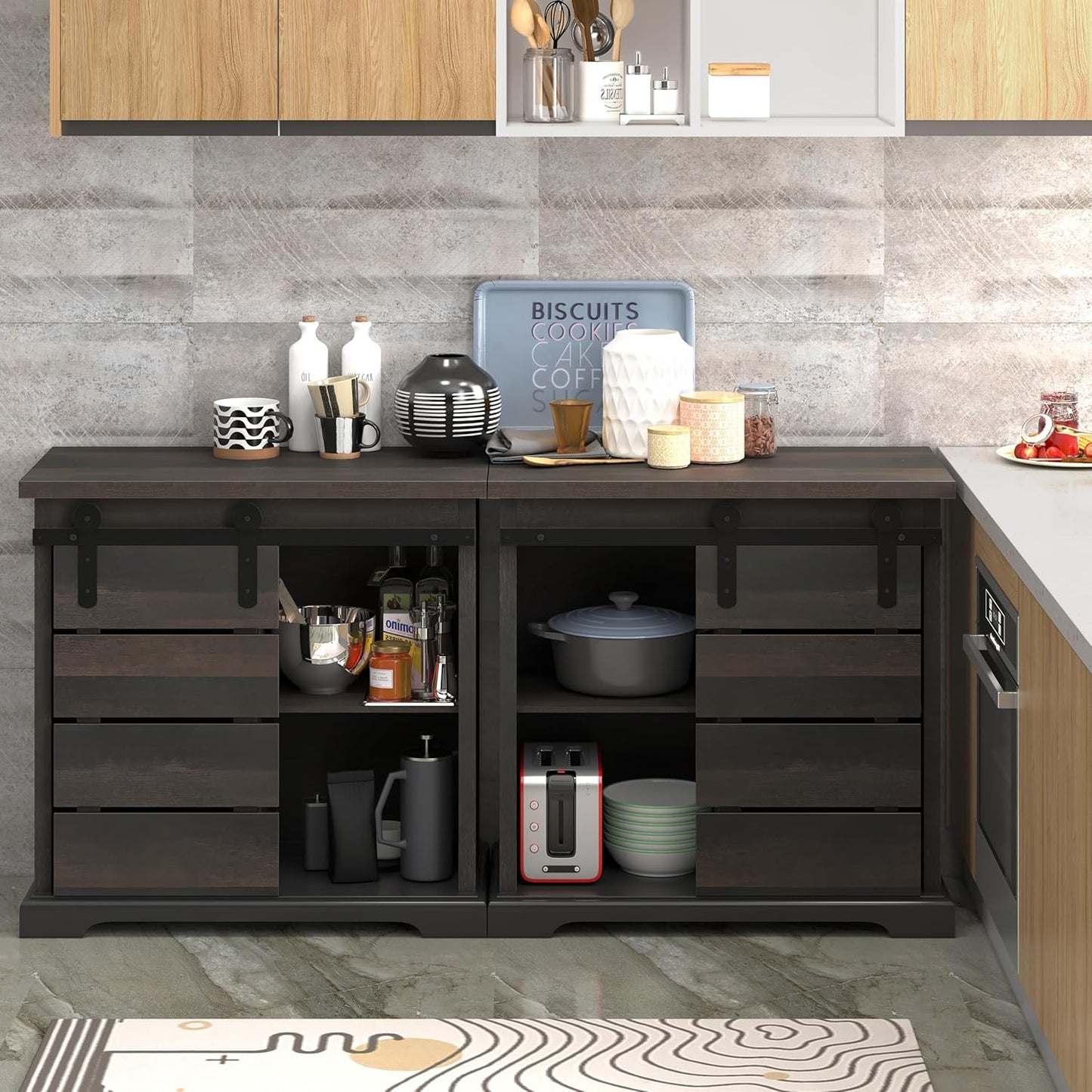 NSdirect Sideboard Coffee Bar Cabinet,Modern Farmhouse Buffet Station Sliding Barn Door Storage Credenza Console with Slat and Shelf Entryway Storage Cabinet Kitchen Dining Living Room, Brown