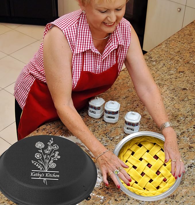 Personalized Aluminum Pie Pan with Lid Customized Cake Pan Bake Tray Engraved With Custom Name Text Monogram - Wedding, Engagement, Anniversary, Housewarming, Birthday, Bridal Shower Gift (Black)