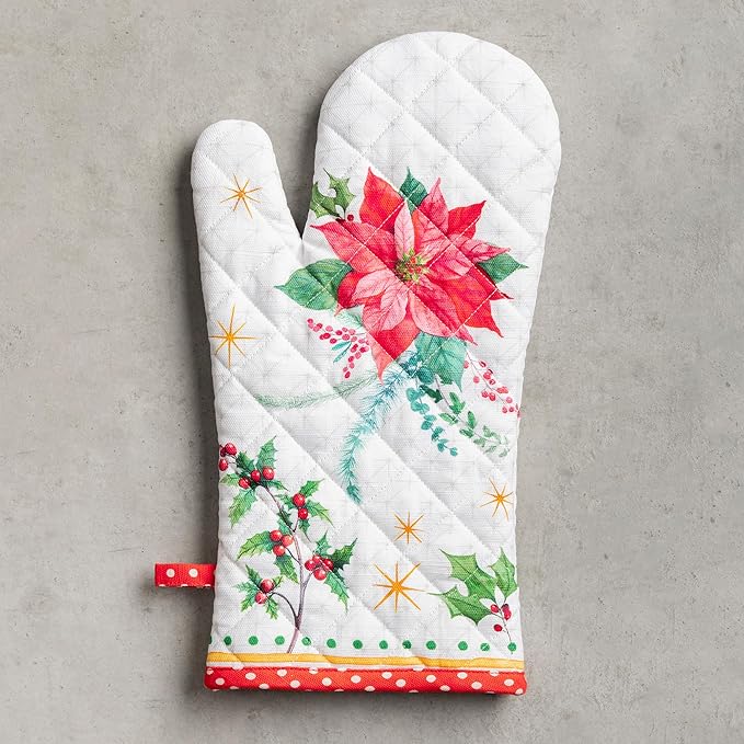 Maison d' Hermine Oven Gloves 100% Cotton Oven Mitt 7" x 13" with Loop Heat Resistant, BBQ, Cooking Gloves, Baking, Grilling, Kitchen, Handling Hot Pans (Pack of 1, Poinsettia Christmas)