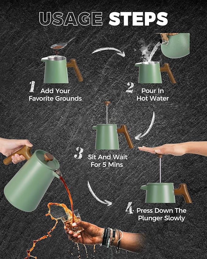 POLIVIAR French Press Coffee Maker, 34 oz Coffee Press with Real Wood Handle, Double Wall Insulation & Dual-Filter Screen, Food Grade Stainless Steel for Good Coffe and Tea, JX2025-XFPN