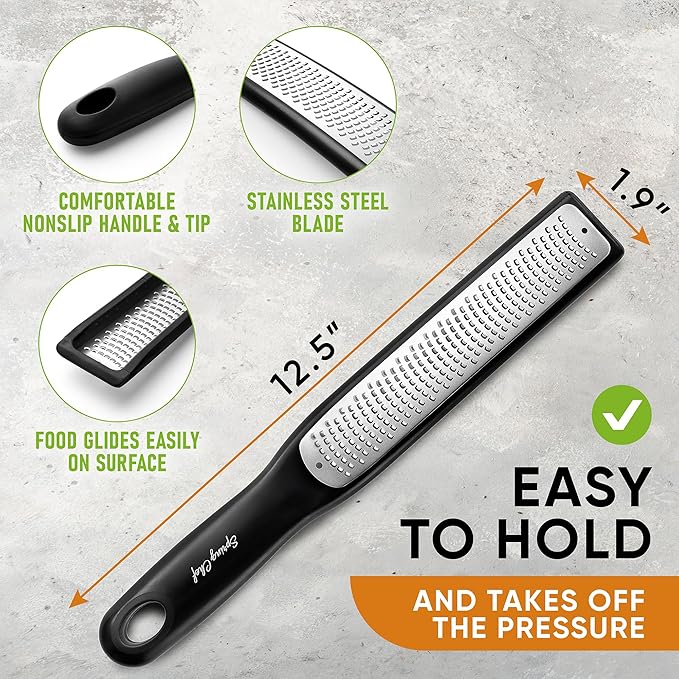 Spring Chef Premium Lemon Zester Grater with Handle - Ginger, Nutmeg, Garlic Grater - Heavy Duty Kitchen Tool - Stainless Steel Citrus Zester with Blade Cover - Fine & Coarse Shred, Set of 2, Black