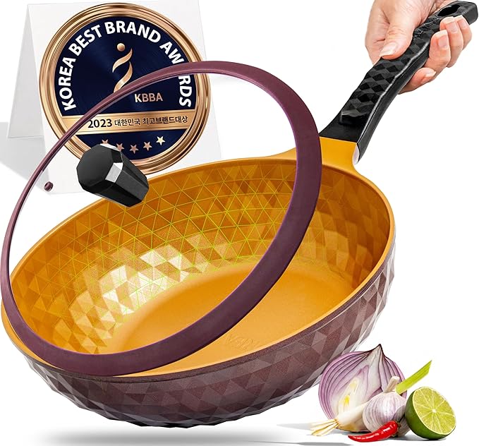 Diamond X Premium Non Stick Wok Pan with Lid - 11" Large Flat Bottom Chinese Wok - Woks & Stir-fry Pans Nonstick - Titanium-Coated 8-Layered Korean Engineered Skillet for Frying, Oil-Free, PFOA-Free