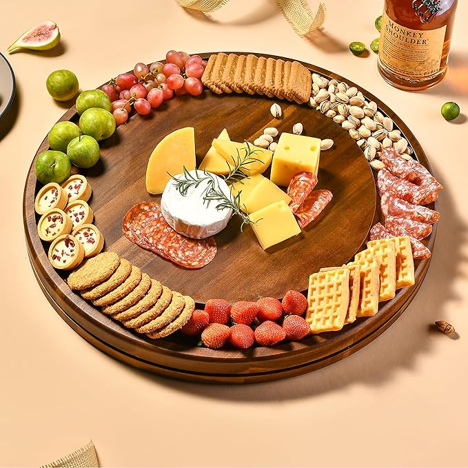 Shanik Acacia Wood Rotating Cheese Board – Lazy Susan Charcuterie Platter for Serving Cheese, Meats, Crackers, and Appetizers