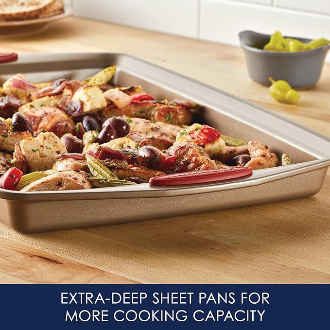 Rachael Ray Cucina Nonstick Bakeware Set Baking Cookie Sheets Cake Muffin Bread Pan, 10 Piece, Latte Brown with Cranberry Red Grips