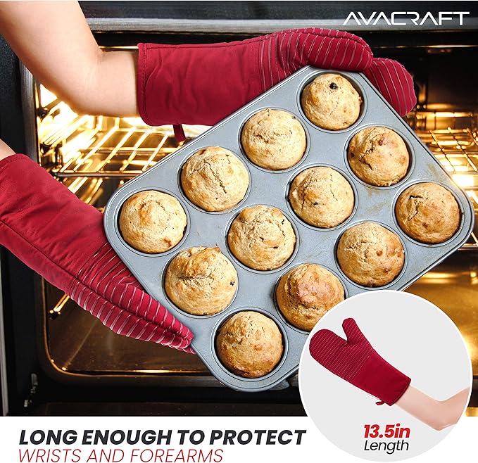 AVACRAFT Oven Mitts Pair, Flexible, 100% Cotton with Unique Heat Resistant Food Grade Silicone, Thick Terry Cloth Interior, 500 F Heat Resistant (Red Oven Mitts)