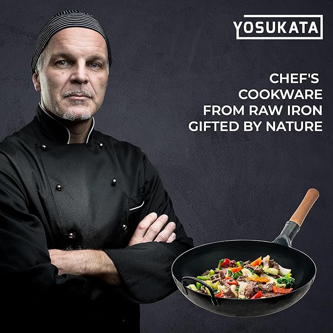 YOSUKATA 14” Round Bottom Carbon Steel Wok Pan – Blue Pre-Seasoned Pow Wok for Stir Fry, BBQ, Grill & Camping – Traditional Japanese & Chinese Cookware – Compatible with Gas Stoves & Open Fire Only