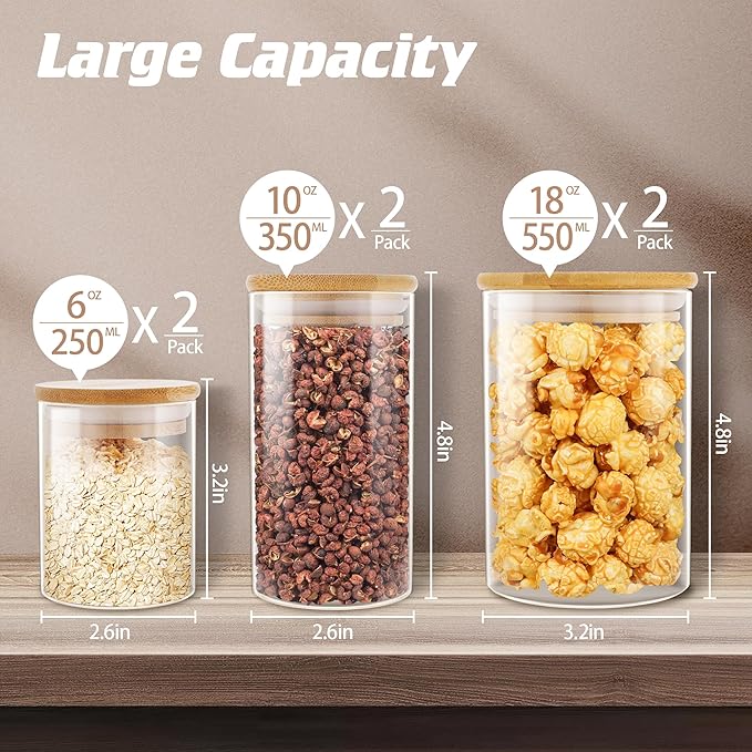 Glass Jars with Bamboo Wooden Airtight Lids 6oz 10oz 18 oz Spice Jars Food Storage Containers for Home Kitchen, Tea, Salt, Pepper, Spices, Coffee, Herbs, Grains