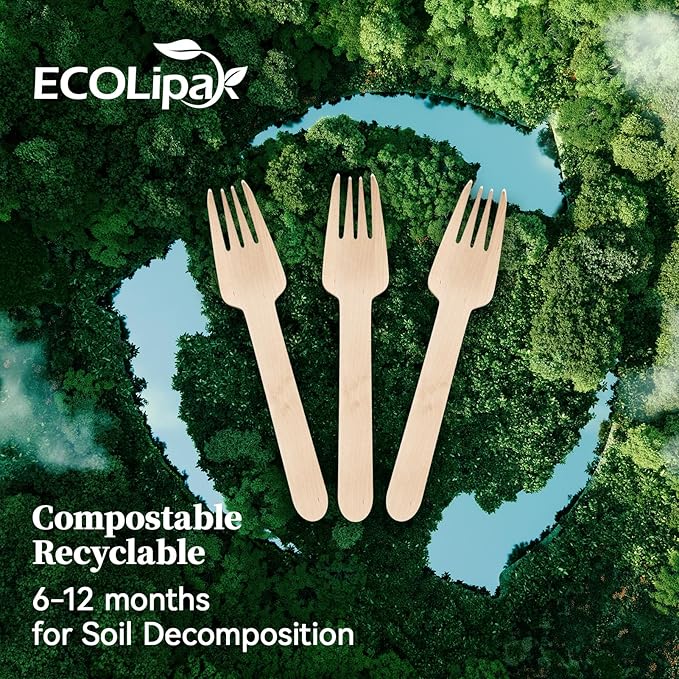 ECOLipak 300 Count Wooden Forks Disposable, Wooden Disposable Compostable Forks for Eating, Party, Camping, Traveling, Family Dinners