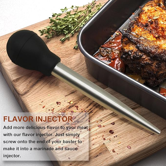 Kaycrown Stainless Steel Turkey Baster With BBQ/Grill Basting Brush, Commercial Grade Quality Rubber Bulb Including 2 Flavor Needles And Cleaning Brush For Easy Clean Up