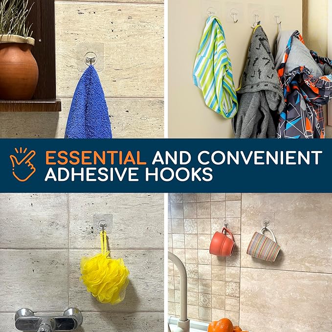 GLUIT Adhesive Wall Hooks for Hanging Heavy Duty 22 lbs Hooks for Walls No Damage, Towel Sticky Clear Hook, Waterproof, Home, Bathroom, Kitchen, Office, and Outdoor 12 Pack