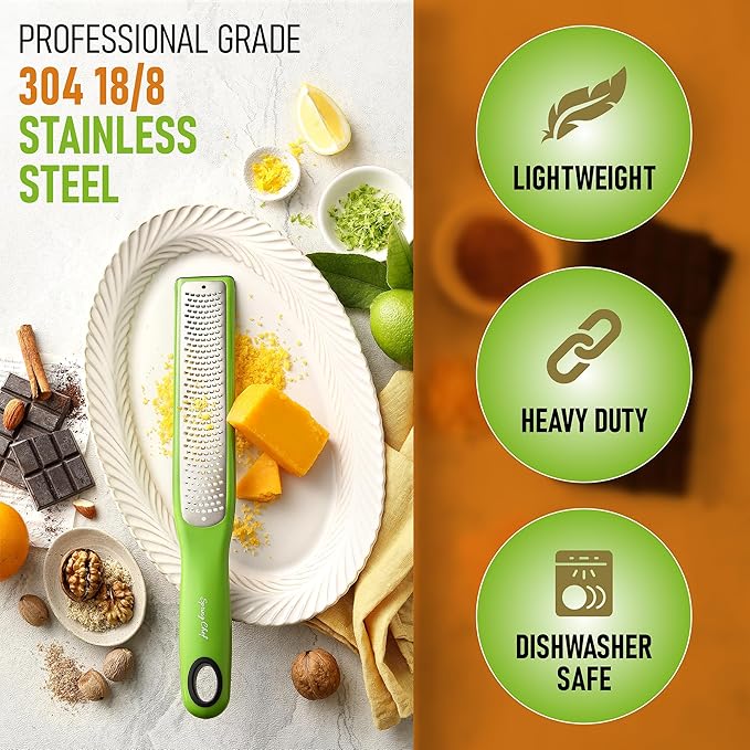 Spring Chef Premium Lemon Zester Grater with Handle - Orange, Garlic, Ginger, Nutmeg, Cheese Grater- Handheld Sharp Kitchen Tool - Stainless Steel Citrus Zester with Blade Cover - Fine Shred, Green