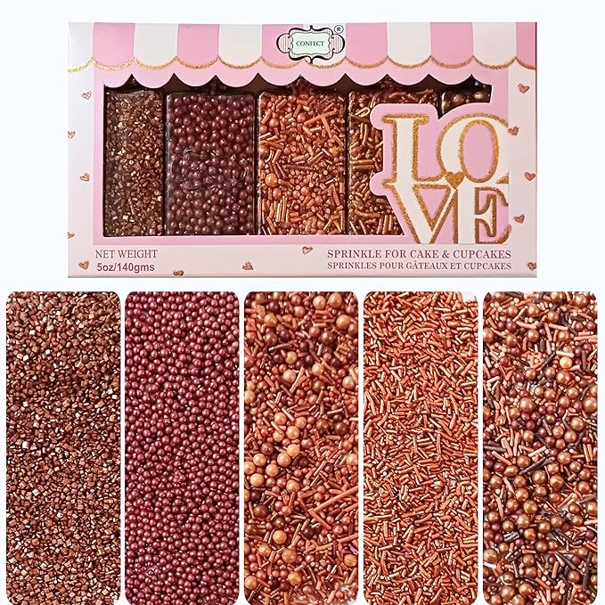Confect Metallic Sprinkles Mix –Edible Pearl Dragees in Copper, Bronze & Rose Gold – Jimmies & Sparkling Sugar – Elegant Sprinkles for Cake & Cupcake Decorating- Vegan, Gluten-Free, Nut-Free, Soy-Free, Dairy-Free, Palm Oil-Free- 5 Oz