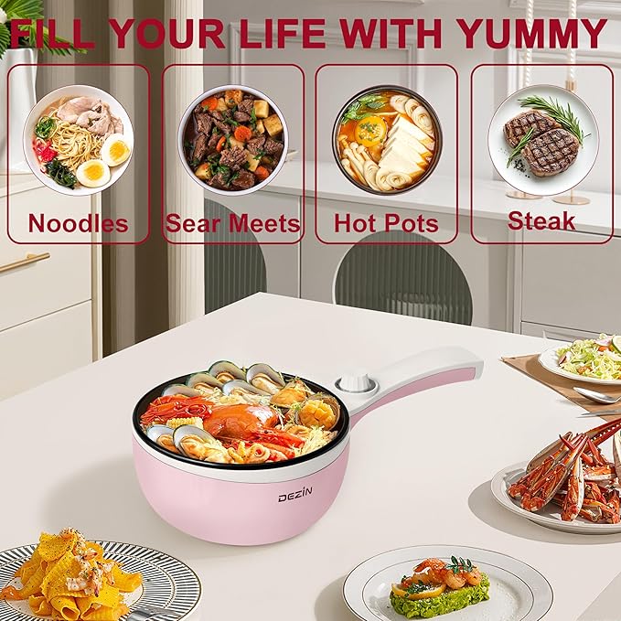 Dezin Hot Pot Electric Upgraded, Non-Stick Sauté Pan, Rapid Noodles Electric Pot, 1.5L Mini Portable Hot Pot for Steak, Egg, Fried Rice, Ramen, Oatmeal, Soup with Power Adjustment