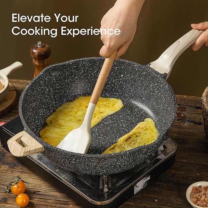 CAROTE 12.5 Inch Nonstick Deep Frying Pan with Lid, 6.5 Qt Jumbo Cooker Saute Pan with Pour Spout, Skillet Induction Cookware, Non Stick Cooking Pan PFOA Free, Classic Granite