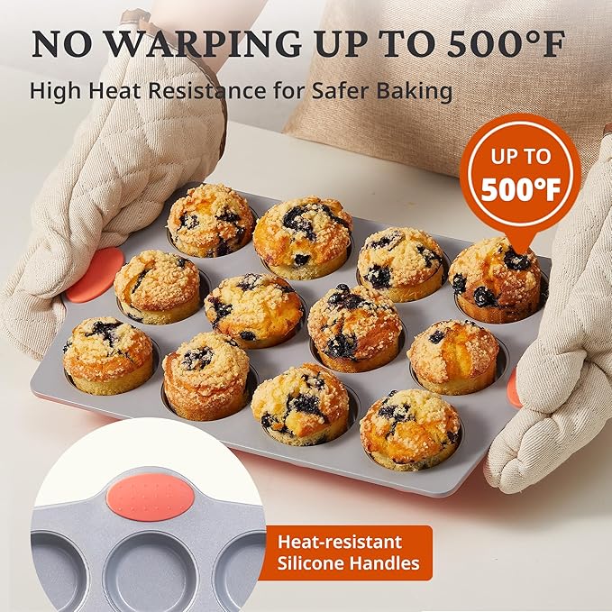 BRONYPRO Ceramic Muffin Pan, 12-Cup Nonstick Aluminized Steel Cupcake Pans, Healthy Non-Toxic Ceramic Coating Muffin tin, 2 Pack Cup Cake Pans for Baking Coral
