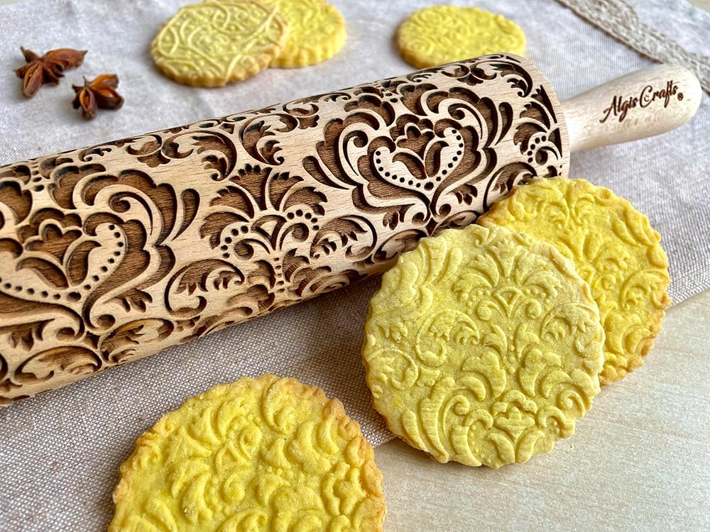 DAMASK Rolling Pin. Embossed cookies with flowers DAMASK PATTERN. Wooden embossing rolling pin with ORIENTAL FLOWERS for Homemade Cookies and Pottery by Algis Crafts
