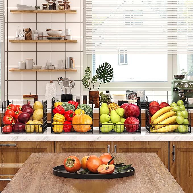4 Pack XXL Stackable Wire Storage Basket, Extra Large Capacity Pantry Organizer and Storage, Muti-Purpose for Fruit Vegetable Basket & Toy Bin & Snack Organizer