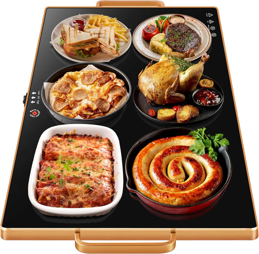 Warming Trays for Buffets Party (XXL 32"x18"),Warming Mat for Food with Thermostat & Full Surface Heating, Counter Temperature Adjustable Food Warming Mat with Gold Handles for GIfts,All Year Use