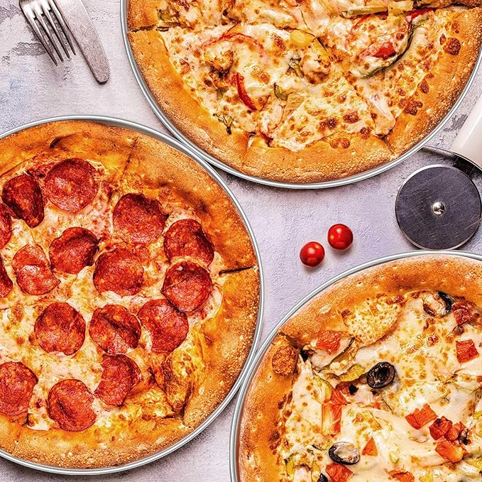 P&P CHEF 13.5 Inch Pizza Pan, 3 Pieces Stainless Steel Round Pizza Tray Dish Plate For Oven Baking Roasting, Healthy & Heavy Duty, Rust Free & Dishwasher Safe -Silver