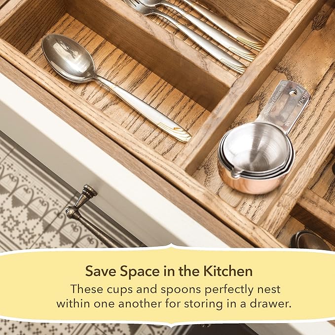 Simply Gourmet Measuring Cups and Spoons Set of 12 – 18/8 Stainless Steel Kitchen Gadgets – Stackable Design with Long Handle Spoons – Fits in Jars – Cooking & Baking Measuring Set for Dry & Liquid