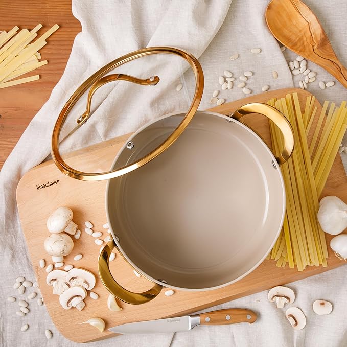 bloomhouse - Oprah's Favorite Things - 6 Quart Heavy Duty Aluminum Premium PFA Free Ceramic Nonstick Dutch Oven Pot with Lid - Almond Cream w/Gold Handle