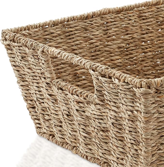 Casafield Set of 2 Seagrass Pantry Baskets with Handles, Chalkboard Labels and Marker - Natural, Wide Woven Storage Bin Organizers for Kitchen Shelves